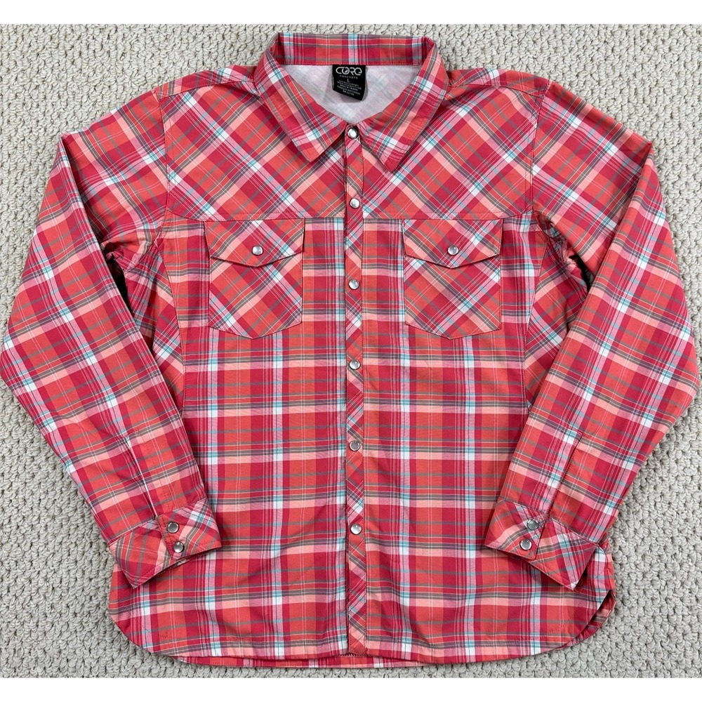 Core Concepts Shirt Womens Large Coral Red Mirror Ball Plaid Western Outdoors